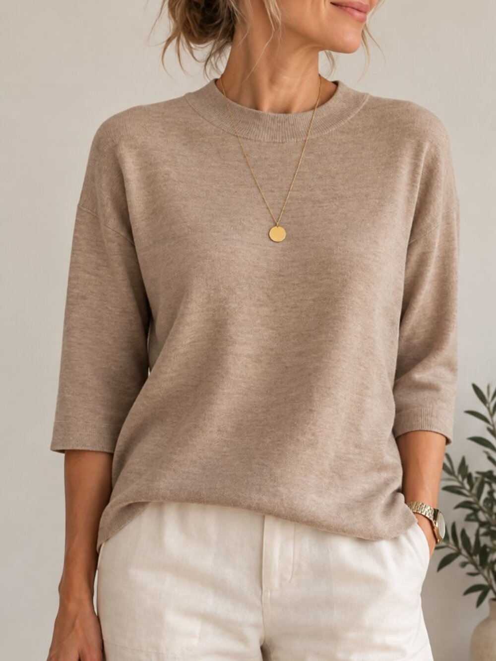 Eileen Fisher Italian Yarn Beige Mock Neck Merino Blend Sweater PTP21